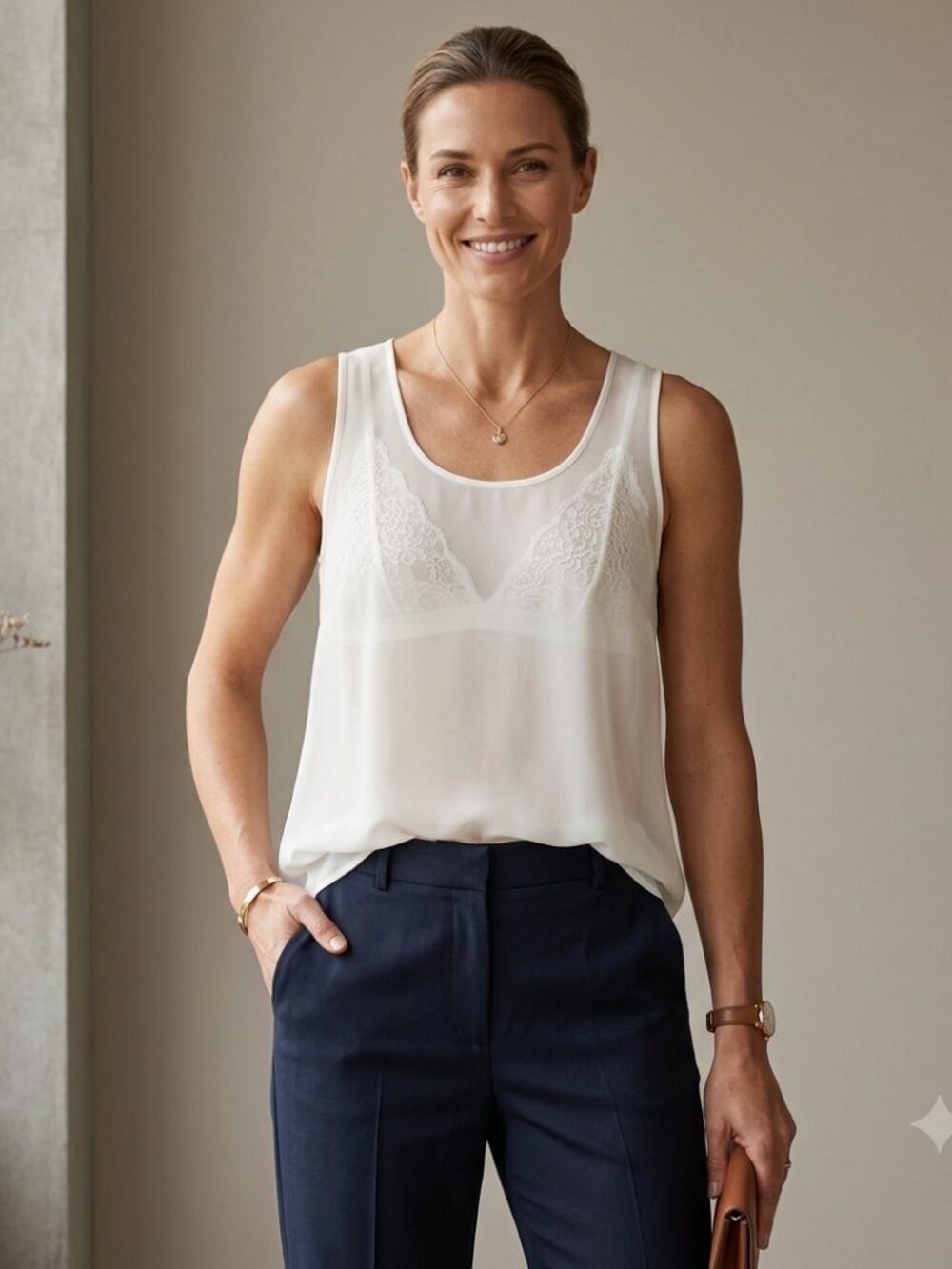 DR2 Women’s Ivory Cream Semi-Sheer Tank Top Blouse Sleeveless Relaxed Fit Size S
